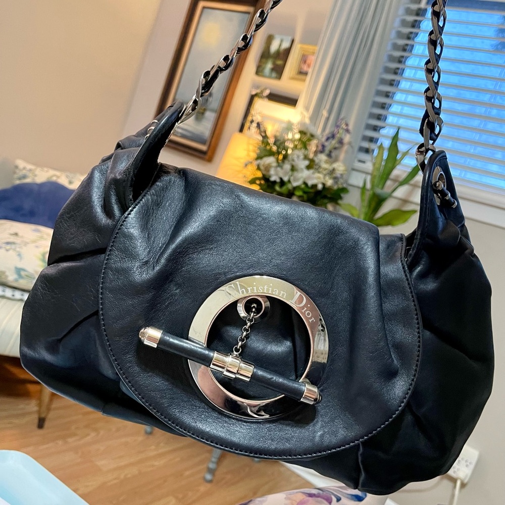 Dior Black Leather Shoulder Bag with Silver-Tone Hardware